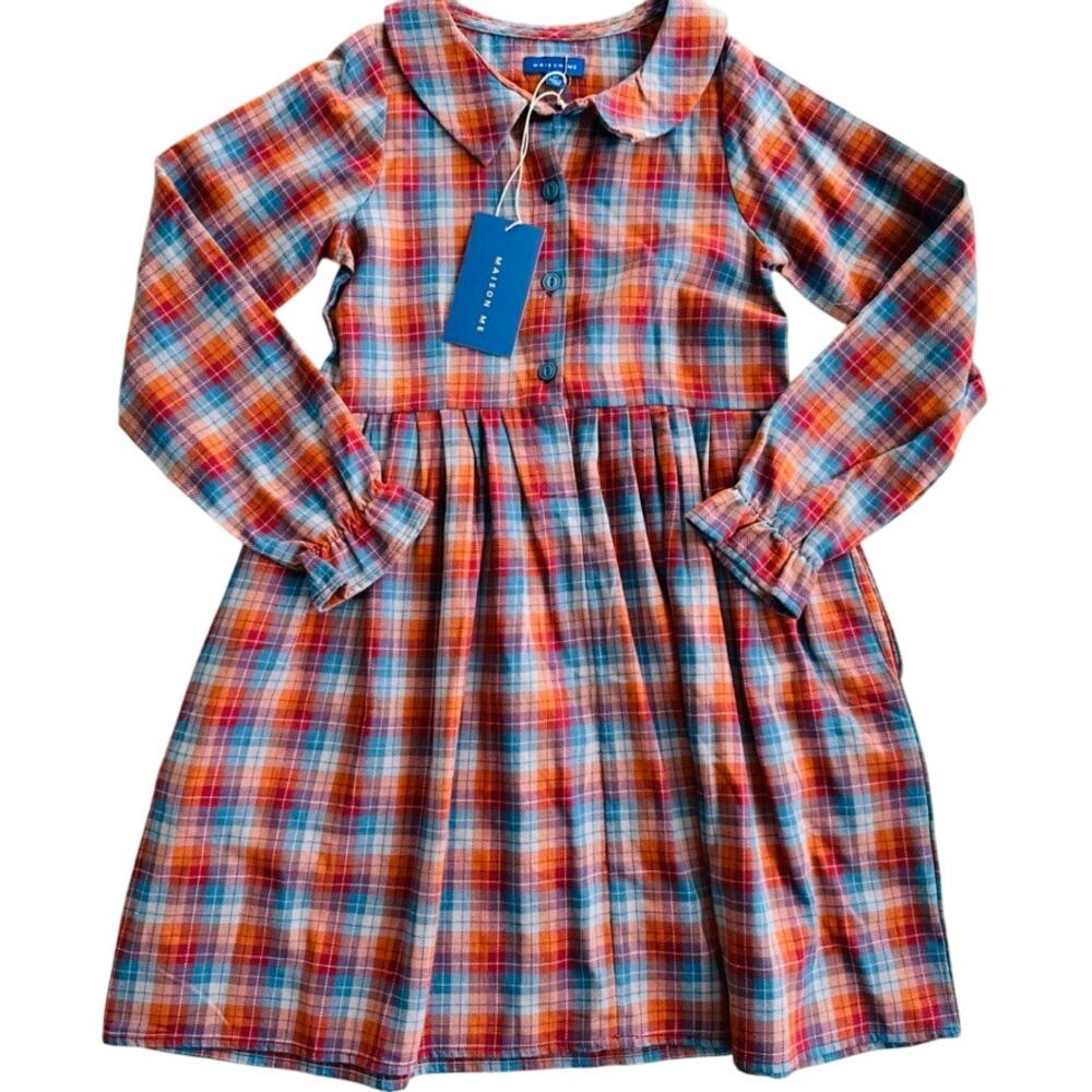 Maison Me Girls Plaid Flannel Dress SIze 8 NEW Red Orange Blue Collared
